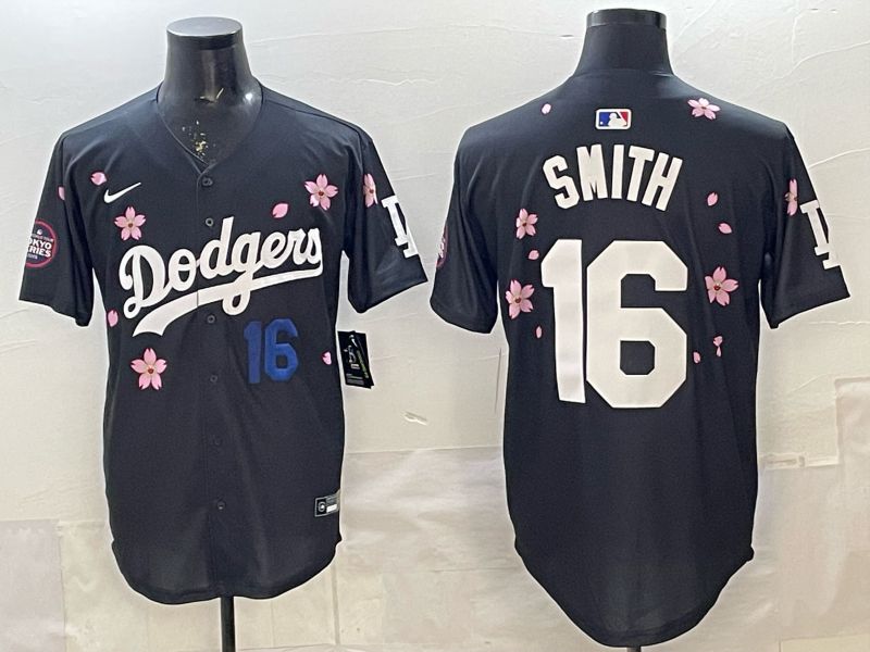 Men Los Angeles Dodgers #16 Smith Black Sakura Edition 2025 Nike MLB Jersey style 3